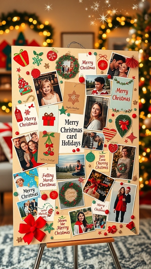 A colorful Christmas cards collage with holiday cards and decorations on a poster board, set in a festive living room.